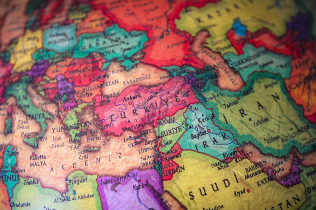 Vibrant map featuring countries in the Middle East and Europe with detailed borders.